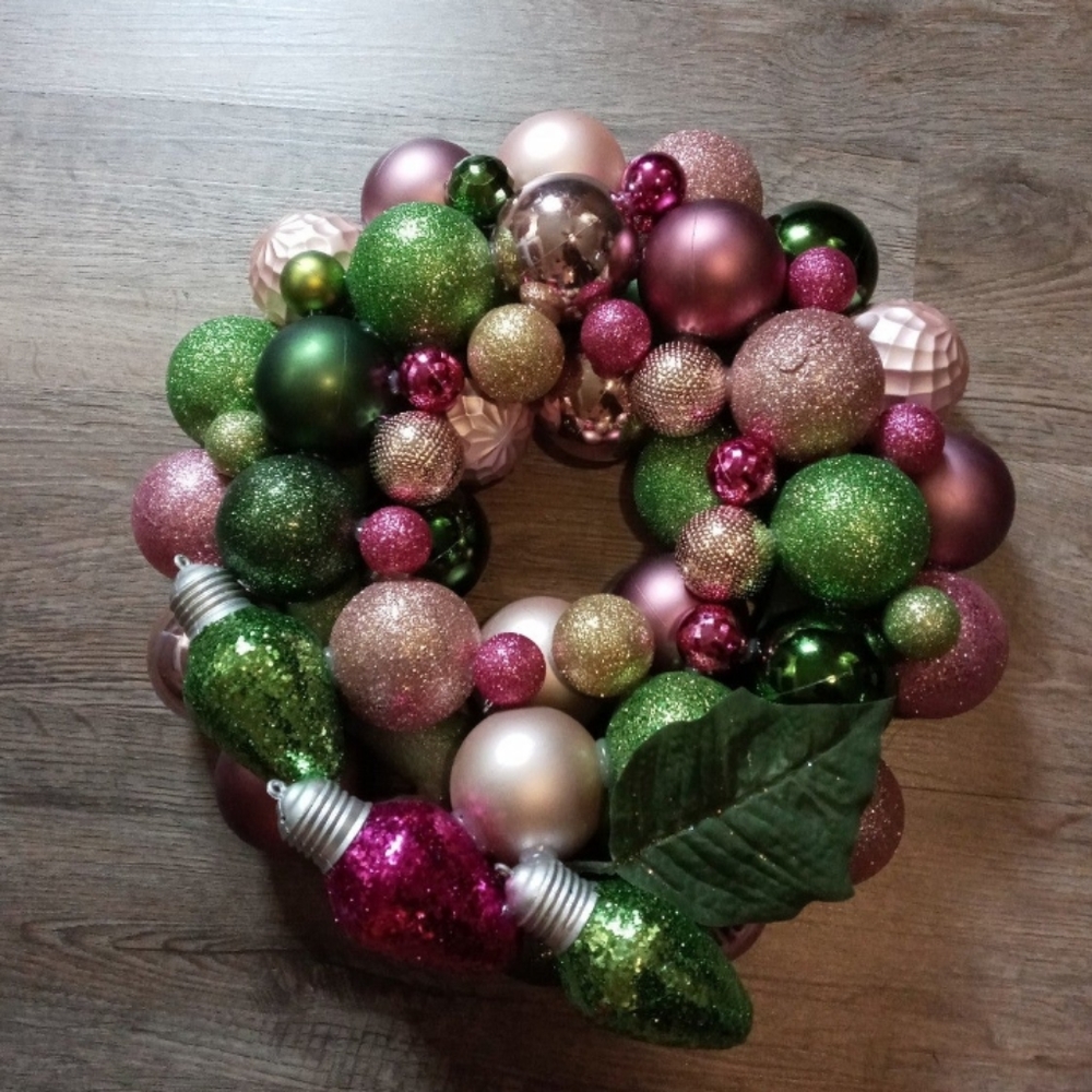 Pink, green and blush holiday wreath.